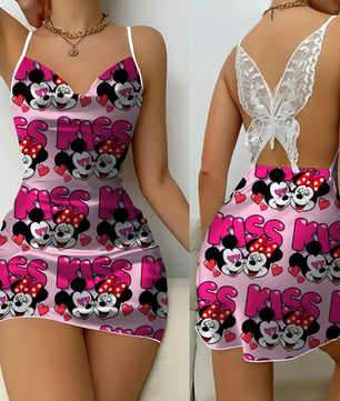 Bow Knot Minnie Mouse Backless Dress Sexy Dresses Pajama Skirt Satin Surface Mickey Womens Fashion - Lusy Store LLC