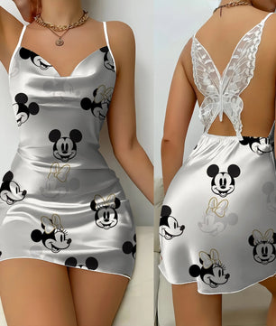 Bow Knot Minnie Mouse Backless Dress Sexy Dresses Pajama Skirt Satin Surface Mickey Womens Fashion - Lusy Store LLC