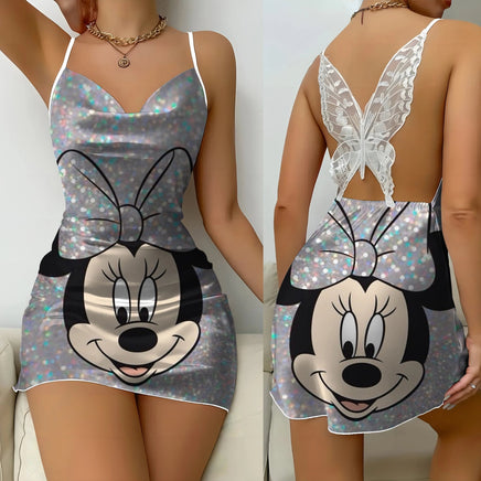 Bow Knot Minnie Mouse Backless Dress Sexy Dresses Pajama Skirt Satin Surface Mickey Womens Fashion 9