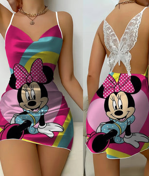 Bow Knot Minnie Mouse Backless Dress Sexy Dresses Pajama Skirt Satin Surface Mickey Womens Fashion - Lusy Store LLC