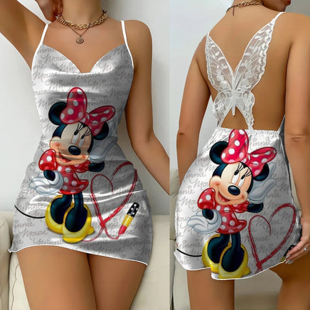 Bow Knot Party Dresses Backless Dress Minnie Mouse Satin Surface Mickey Pajama Skirt Womens Fashion 3