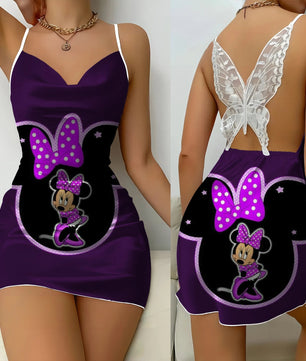 Bow Knot Party Dresses Backless Dress Minnie Mouse Satin Surface Mickey Pajama Skirt Womens Fashion - Lusy Store LLC