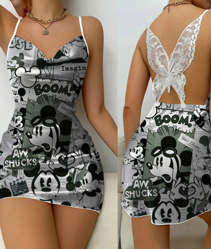 Bow Knot Party Dresses Backless Dress Minnie Mouse Satin Surface Mickey Pajama Skirt Womens Fashion - Lusy Store LLC