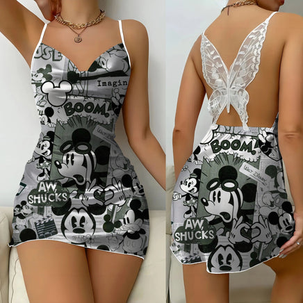 Bow Knot Party Dresses Backless Dress Minnie Mouse Satin Surface Mickey Pajama Skirt Womens Fashion 5