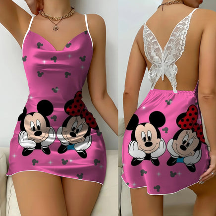 Bow Knot Party Dresses Backless Dress Minnie Mouse Satin Surface Mickey Pajama Skirt Womens Fashion 10