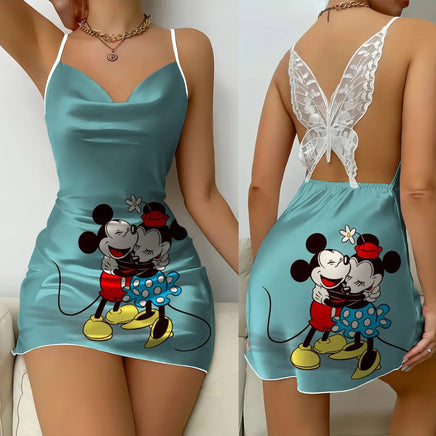 Bow Knot Party Dresses Backless Dress Minnie Mouse Satin Surface Mickey Pajama Skirt Womens Fashion 6