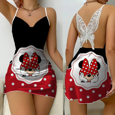 Bow Knot Party Dresses Backless Dress Minnie Mouse Satin Surface Mickey Pajama Skirt Womens Fashion 9