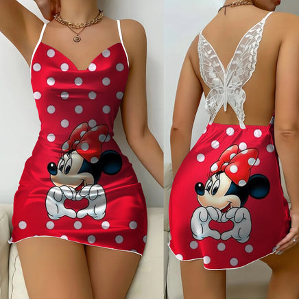 Bow Knot Party Dresses Backless Dress Minnie Mouse Satin Surface Mickey Pajama Skirt Womens Fashion 7