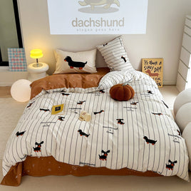Cartoon Puppy Striped 4-Piece Cotton Bedding Set Flat Sheet