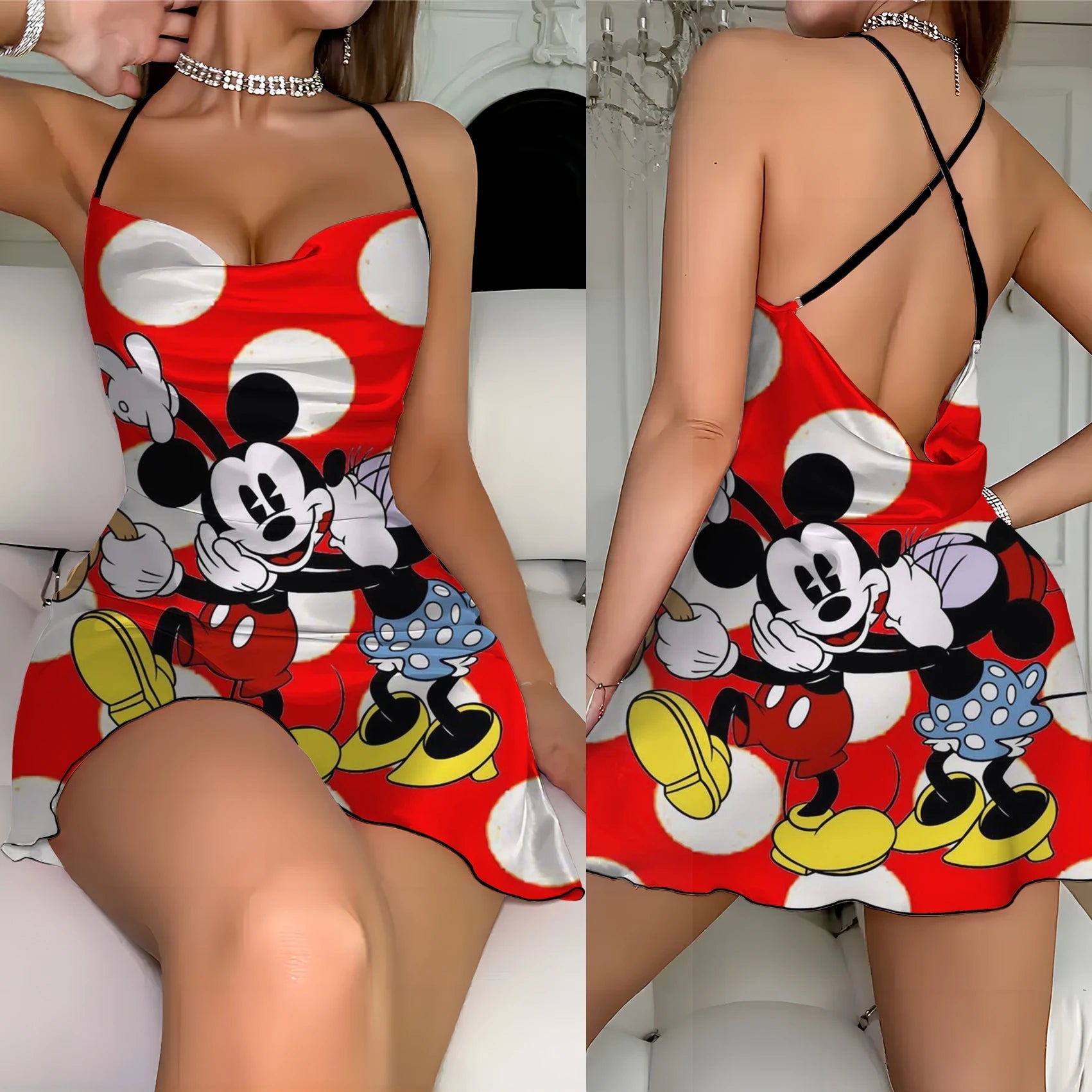 Cross Dress Fashion Crew Neck Minnie Mouse Mickey Lettuce Trim Elegant Women Backless Neck - Lusy Store LLC