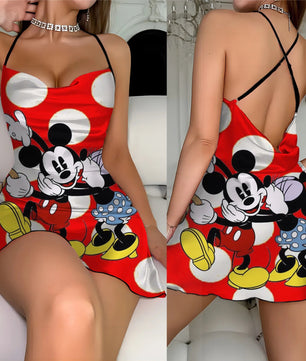Cross Dress Fashion Crew Neck Minnie Mouse Mickey Lettuce Trim Elegant Women Backless Neck - Lusy Store LLC