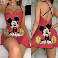Cross Dress Fashion Crew Neck Minnie Mouse Mickey Lettuce Trim Elegant Women Backless Neck 8