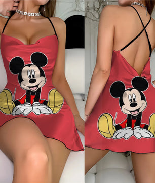 Cross Dress Fashion Crew Neck Minnie Mouse Mickey Lettuce Trim Elegant Women Backless Neck - Lusy Store LLC