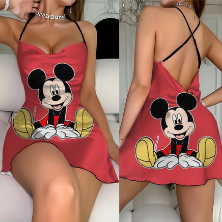 Cross Dress Fashion Crew Neck Minnie Mouse Mickey Lettuce Trim Elegant Women Backless Neck 8