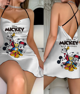 Cross Dress Fashion Crew Neck Minnie Mouse Mickey Lettuce Trim Elegant Women Backless Neck - Lusy Store LLC