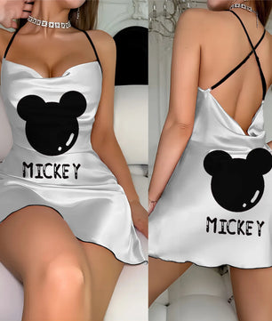 Cross Dress Fashion Crew Neck Minnie Mouse Mickey Lettuce Trim Elegant Women Backless Neck - Lusy Store LLC