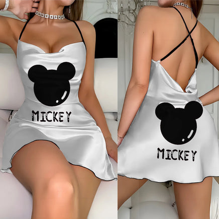 Cross Dress Fashion Crew Neck Minnie Mouse Mickey Lettuce Trim Elegant Women Backless Neck 4