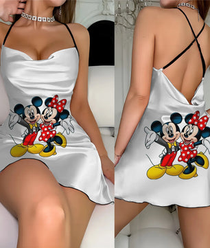 Cross Dress Fashion Crew Neck Minnie Mouse Mickey Lettuce Trim Elegant Women Backless Neck - Lusy Store LLC