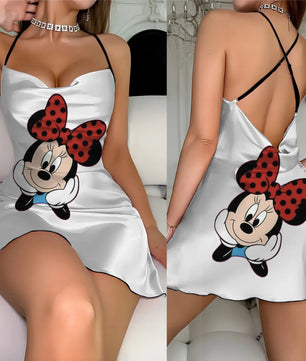 Cross Dress Fashion Crew Neck Minnie Mouse Mickey Lettuce Trim Elegant Women Backless Neck - Lusy Store LLC