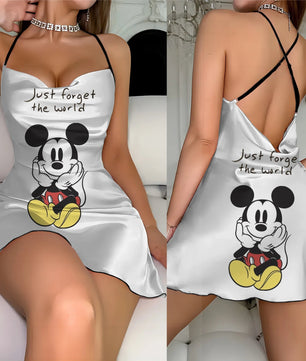 Cross Dress Fashion Crew Neck Minnie Mouse Mickey Lettuce Trim Elegant Women Backless Neck - Lusy Store LLC