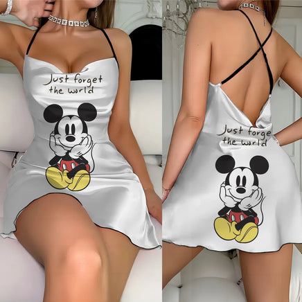 Cross Dress Fashion Crew Neck Minnie Mouse Mickey Lettuce Trim Elegant Women Backless Neck 9