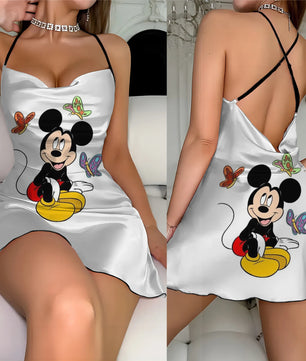 Cross Dress Fashion Crew Neck Minnie Mouse Mickey Lettuce Trim Elegant Women Backless Neck - Lusy Store LLC 