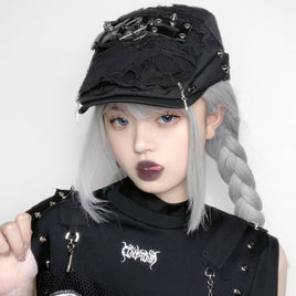 Edgy Halloween Punk Subculture Ripped Painter Beret with Big Head Circumference Black Adjustable