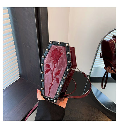 Gothic Style Halloween Coffin Shoulder Bag: European/American Dark Personality Ghost-inspired Design Rose Red