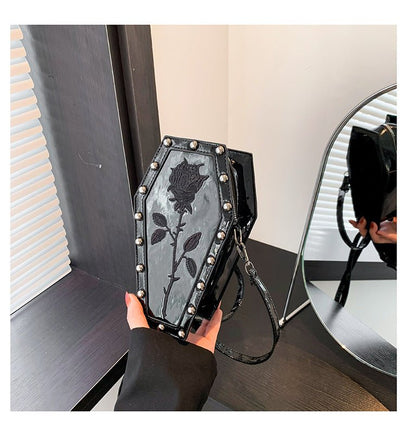 Gothic Style Halloween Coffin Shoulder Bag: European/American Dark Personality Ghost-inspired Design Rose Black