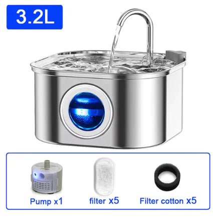 Ultra-Quiet Stainless Steel Cat Fountain with Automatic Sensor & Filter Silver 3.2L-X5Filter