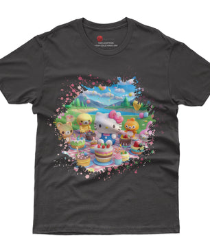 Hello kitty and friend tee shirt - Happy birthday cute graphic tees - Unisex novelty cotton t shirt - Lusy Store LLC