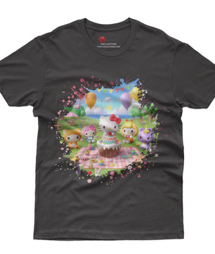 Hello kitty and friend tee shirt - Happy birthday cute graphic tees - Unisex novelty cotton t shirt - Lusy Store LLC