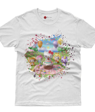 Hello kitty and friend tee shirt - Happy birthday cute graphic tees - Unisex novelty cotton t shirt - Lusy Store LLC