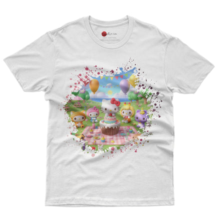 Hello kitty and friend tee shirt - Happy birthday cute graphic tees - Unisex novelty cotton t shirt White