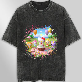 Hello kitty and friend tee shirt - Happy birthday cute graphic tees - Unisex wide sleeve style Dark Gray