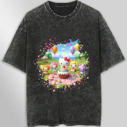 Hello kitty and friend tee shirt - Happy birthday cute graphic tees - Unisex wide sleeve style Dark Gray