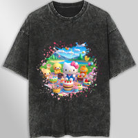 Hello kitty and friend tee shirt - Happy birthday cute graphic tees - Unisex wide sleeve style Dark Gray