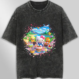 Hello kitty and friend tee shirt - Happy birthday cute graphic tees - Unisex wide sleeve style Dark Gray