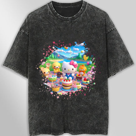 Hello kitty and friend tee shirt - Happy birthday cute graphic tees - Unisex wide sleeve style Dark Gray