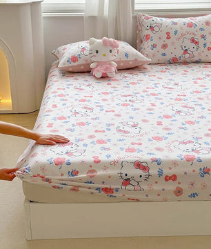 Hello Kitty Bed Mattress Cover Kawaii Cartoon Cinnamoroll Kuromi Bed Linen Fitted Sheet Single Queen Size - Lusy Store LLC