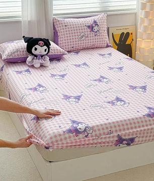Hello Kitty Bed Mattress Cover Kawaii Cartoon Cinnamoroll Kuromi Bed Linen Fitted Sheet Single Queen Size - Lusy Store LLC
