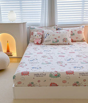 Hello Kitty Bed Mattress Cover Kawaii Cartoon Cinnamoroll Kuromi Bed Linen Fitted Sheet Single Queen Size - Lusy Store LLC