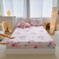 Hello Kitty Bed Mattress Cover Kawaii Cartoon Cinnamoroll Kuromi Bed Linen Fitted Sheet Single Queen Size My Melody