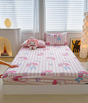 Hello Kitty Bed Mattress Cover Kawaii Cartoon Cinnamoroll Kuromi Bed Linen Fitted Sheet Single Queen Size - Lusy Store LLC