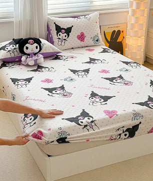 Hello Kitty Bed Mattress Cover Kawaii Cartoon Cinnamoroll Kuromi Bed Linen Fitted Sheet Single Queen Size - Lusy Store LLC