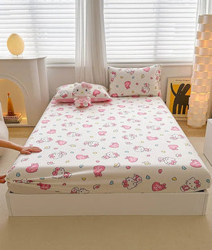 Hello Kitty Bed Mattress Cover Kawaii Cartoon Cinnamoroll Kuromi Bed Linen Fitted Sheet Single Queen Size - Lusy Store LLC