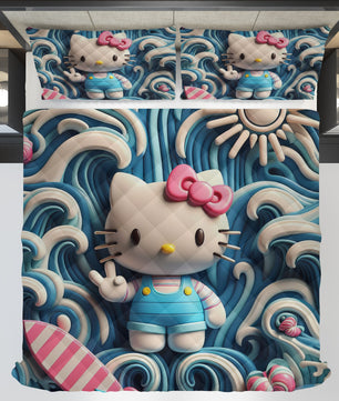 Hello Kitty bed set - Blue quilt set cute waves 3D high quality cotton quilt & pillowcase - Lusy Store LLC