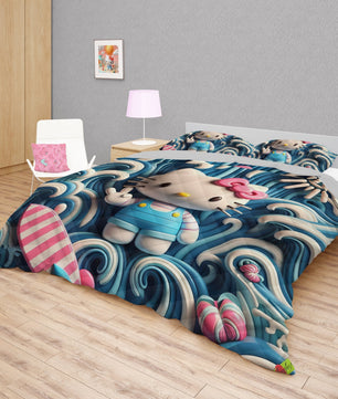 Hello Kitty bed set - Blue quilt set cute waves 3D high quality cotton quilt & pillowcase - Lusy Store LLC