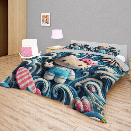 Hello Kitty bed set - Blue quilt set cute waves 3D high quality cotton quilt & pillowcase - Lusy Store LLC