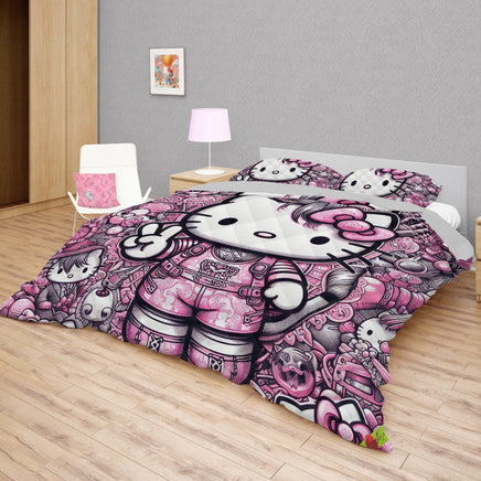 Hello Kitty bed set - Digital art quilt set 3D high quality cotton quilt & pillowcase for bedroom - Lusy Store LLC